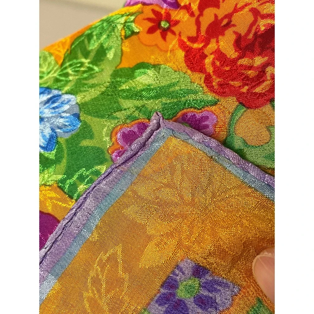 Albert Nipon Vintage Floral Jacquard Silk Square Scarf Gold Purple Hand Rolled‎